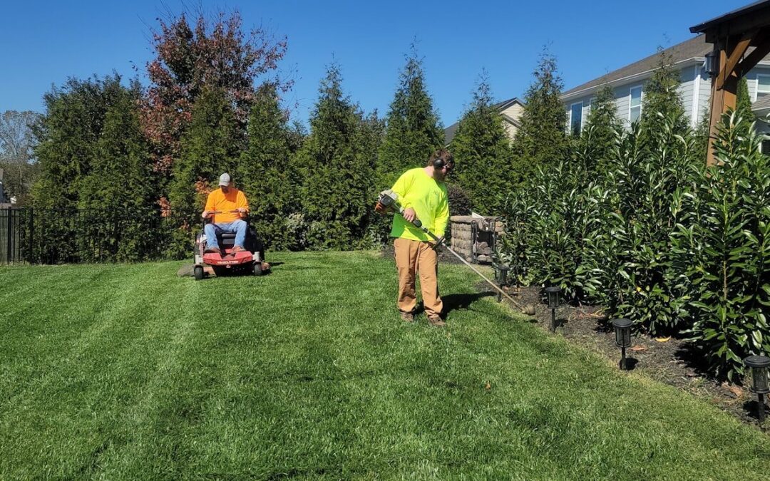 A man mowing a lawn with a lawn mower